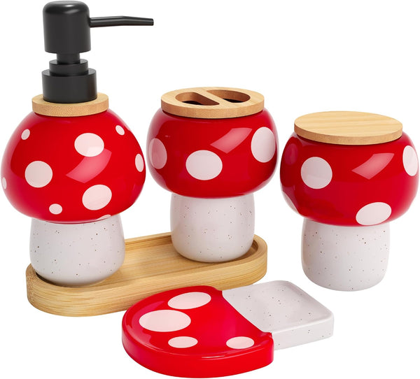 Mushroom Bathroom Decor Set Ceramic Soap Dispenser, Toothbrush Holder, Canister, and Soap