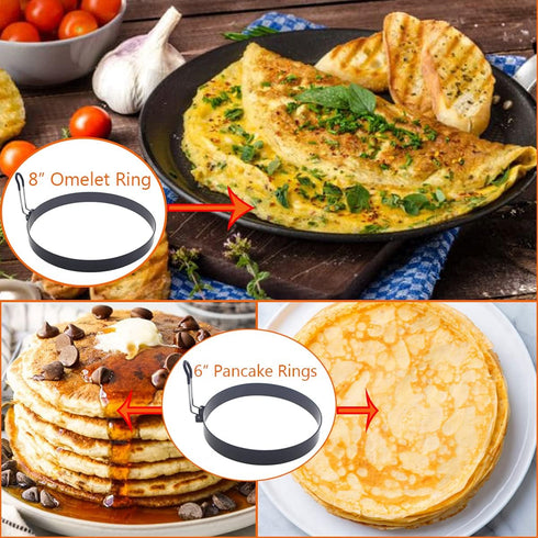 WOWITIS 8 Pack, 8" 6" 4" 3.5" Stainless Steel Egg Rings - Omelet, Pancake, & Egg Muffin Rings with Oil Brush