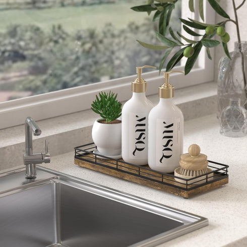 Farmhouse Kitchen Soap Tray, 11" Wood Dispenser Tray for Sink Countertop, Rustic Brown