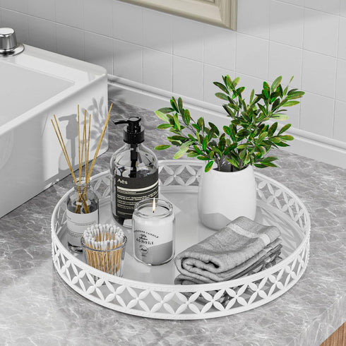 EKNITEY 11 Inch Bathroom Tray for Counter - White Decorative Vanity Organizer Storage Tray for Cosmetics and Perfume