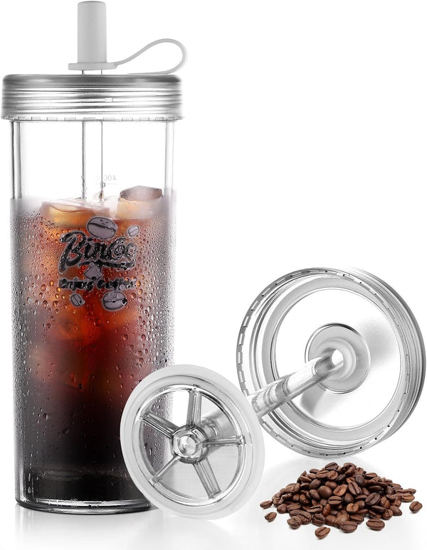 Portable Travel Coffee Press, 16oz, Double Wall with Lids and Straws, Single Serve for Travel, Home