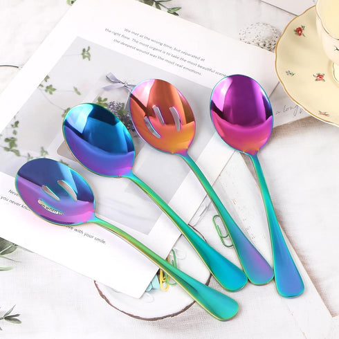 4 Pieces Colorful Serving Spoons Set, 2 Large Serving Spoons and 2 Slotted Spoons, Rainbow Stainless Steel Utensils