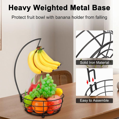Countertop Fruit Basket Bowl with Banana Hanger, Modern Storage for Fruits and Vegetables, Round Metal, Black