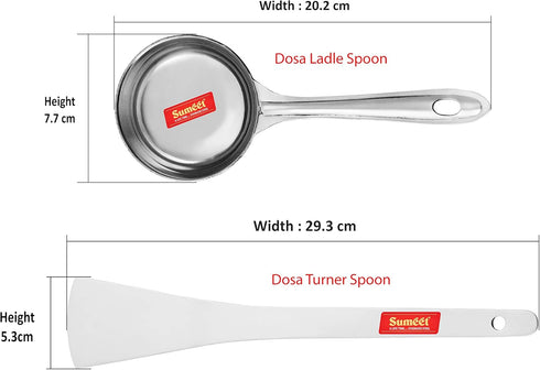 Sumeet Stainless Steel Perfect Dosa Making Spoon/Ladle Set of 2 Pcs (1 Turner, 1 Short Pour Ladle with Flat Base)