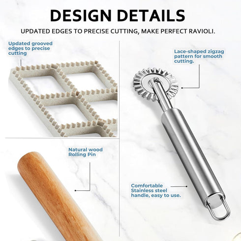 Set 8 1.85" Ravioli Maker Press, Ravioli Press Mold - Squares Ravioli Stamp Maker Cutter with Wood Rolling Pin