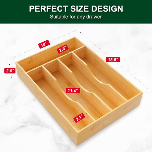 Bellsal 10 Inch Utensil Organizer, Silverware Tray for Drawer, 5 Compartment Bamboo Cutlery Organizer