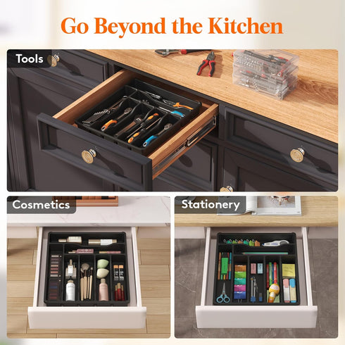 Lifewit Black Silverware Drawer Organizer Tray, 7 Compartment Plastic Cutlery Storage for Kitchen Drawer