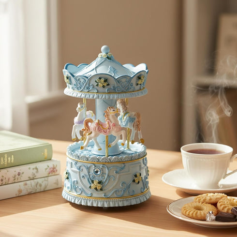 Elegant Blue Carousel Music Box,Handcrafted Rotating Horses & Floral Details Musical Figurine