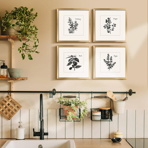 11x11inch Decor,Set 4 ArtbyHannah Gold Framed Wall Art with Herbs Plants Botanical Pictures in Gold Frames for Kitchen