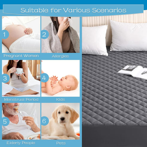 GRT Cal King Size Grey Quilted Mattress Pad - 100% Waterproof Breathable Protector, Noiseless Cotton Topper, Fitted