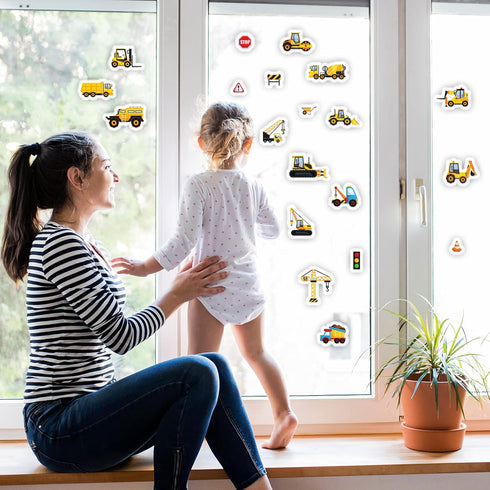 Tevxj Construction Vinyl Gel Clings, 20 Pcs Yellow & Black Transportation Stickers for Kids, Reusable Wall Decor