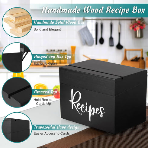 Recipe Box, Wooden Organizer with 50 Recipe Cards 4"x6" & 6 Dividers, Write in Your Own Recipes