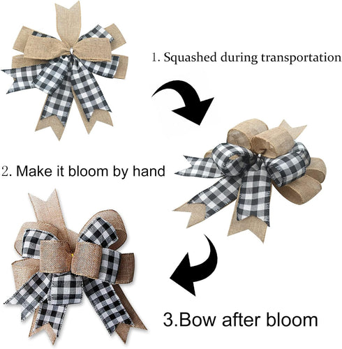 Buffalo Plaid Burlap Bows - 2 Pack 12”x9.4” Large Rustic Farmhouse Decor Tree Topper Check Bow for Fall Wedding