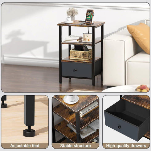 Side Table with Charging Station, Nightstand with Adjustable Fabric Drawer, Bedside Table for Bedrooms, Living Rooms