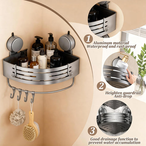 Structoline Caddy(1-Pack No-Drilling Corner Suction Cup Shower Gray),Rust-Proof and Durable Bathroom Organizer