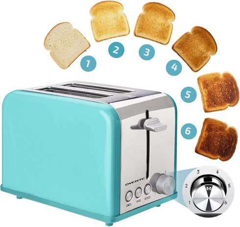 OVENTE 2 Slice Toaster, Extra Wide Slot with 6 Toast Settings, Compact Stainless Steel Countertop Toaster