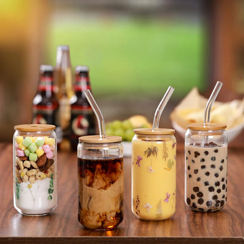 4pcs Set Drinking Glasses with Bamboo Lids & Glass Straws - 16oz Can Shaped Cups, Ideal for Beer, Iced Coffee,