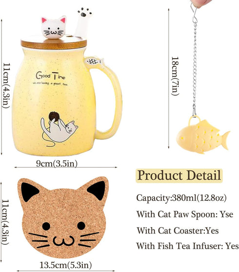 BigNoseDeer Ceramic Tea Cup with Infuser and Lid, Kawaii Cat Mug, Cute Gifts for Women, Girls (13oz)