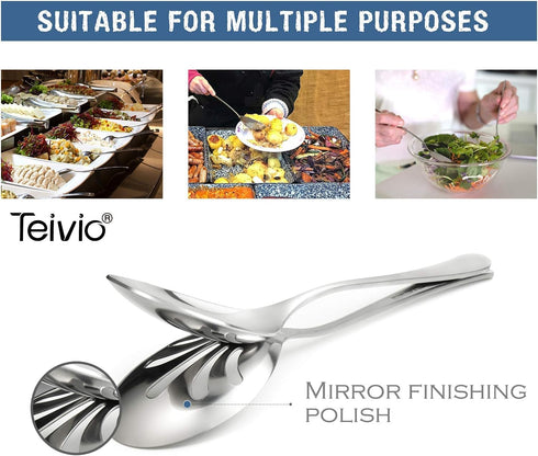 Teivio Stainless Steel Serving Utensils Set - Large 9-10" Spoons, 10" Slotted Spoons, 9" Tongs (Silver)
