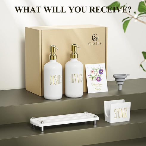 Set Set Cisily Kitchen Soap Dispenser Comes with Ceramics Sponge Holder, Gold Pumps, and Instant Dry Tray, Hand