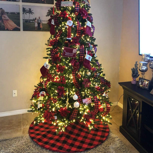 Christmas Tree Skirt Red Black Buffalo Plaid, Small 24 inch Cotton Linen Fabric for Fall Farmhouse Thanksgiving Xmas