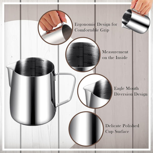 Dandat 8 Pcs Milk Frothing Pitcher Set - 12 Oz Stainless Steel Frother Cup for Espresso and Latte Art