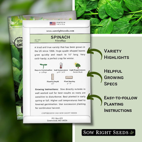 Packet (1) Sow Right Seeds - Viroflay Spinach Seed for Planting - Non-GMO Heirloom with Instructions to Plant a