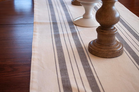 Gray Beige Stripped Farmhouse Cotton Table Runner, Dresser Scarf, Rustic Décor (17Wx54L)