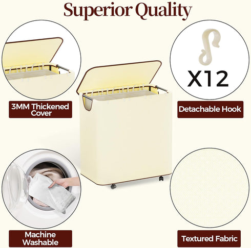 160L 3 3 LAMU Laundry Basket with Wheels, Rolling Laundry hamper with Lid and Removable Laundry Bag, Beige Large