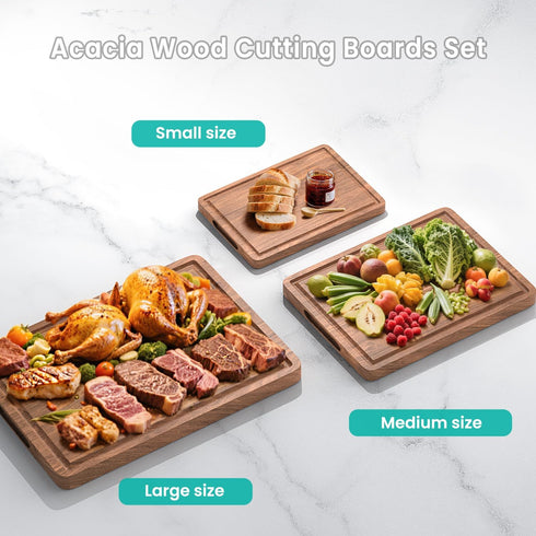 BETOLEAN Set 3-Piece Acacia Wood Cutting Boards with Juice Groove & Handles for Kitchen Charcuterie Chopping Board