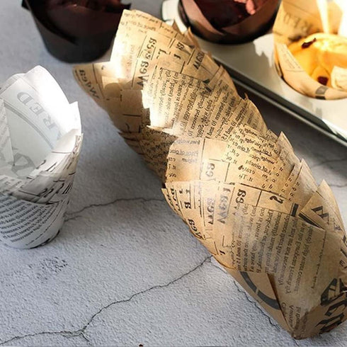 200pcs Tulip Cupcake & Muffin Tins Liners, Nature and White 2 Standard Newspaper Pattern Paper Baking Cups