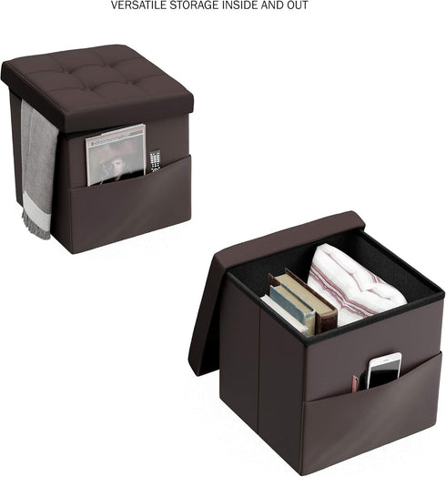 Lavish Home Foldable Storage Cube Ottoman with Pocket Tufted Faux Leather Footrest Organizer for Bedroom, Living Room