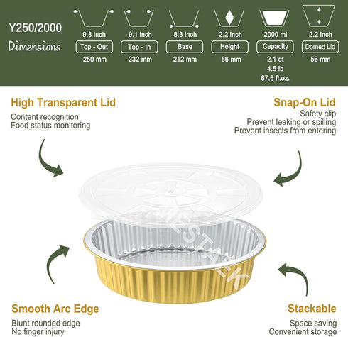10" Sturdy Foil Pans + Snap-On Lids (5 Pack) | Heavy Duty Reusable Foil Tin for Baking Cooking