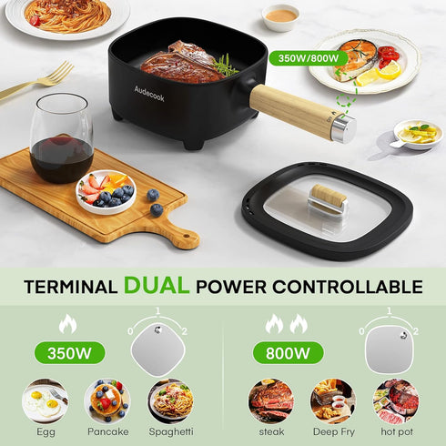 Audecook Hot Pot Electric 2L - Ceramic Glaze Non-Stick Frying Pan, Portable Cooker for Ramen, Steak, Fried Rice, with