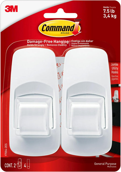 Command 7.5 lb Jumbo Utility Hook, 2 Hooks and 4 Command Strips, Damage Free Hanging Wall Hooks