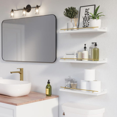 Set 3, WOPITUES Floating Shelves with Gold Metal Guardrail, Shelves for Wall Decor of Wall Shelves for Bedroom