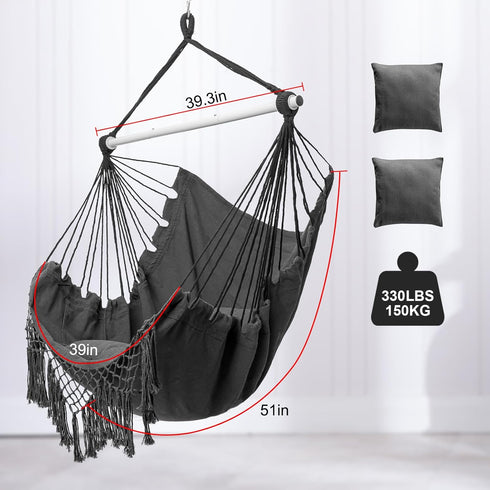 Hammock 2 Chair, Hanging Rope Swing Seat with Cushions,Macrame Hanging Chair Side Pocket with High Load-Bearing Metal