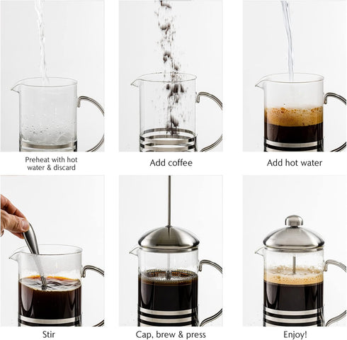 OVENTE 34 Ounce French Press Coffee & Tea Maker, Silver, 4 Filter Stainless Steel Plunger & Borosilicate Glass