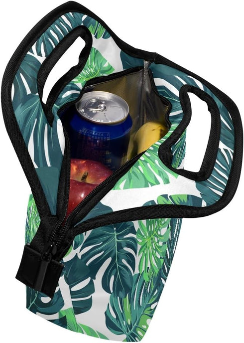 Neoprene Lunch Bag Tote, Insulated Food Container with Tropical Palm Leaves Decor for School or Work