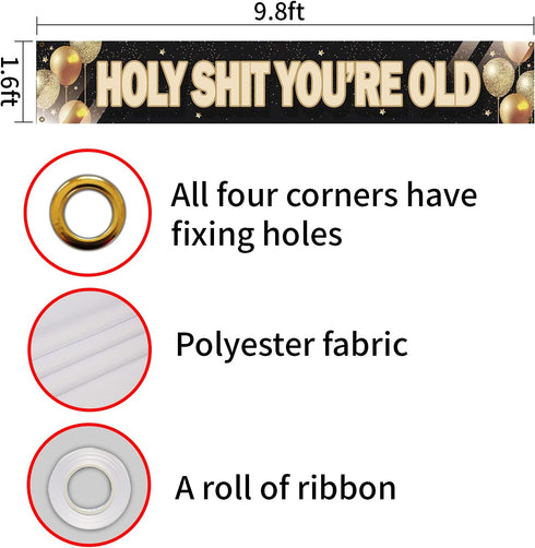 Holy Shit You’re Old Large Banner - Funny Birthday Lawn Sign for 30th to 90th Birthday Party Indoor Outdoor Backdrop