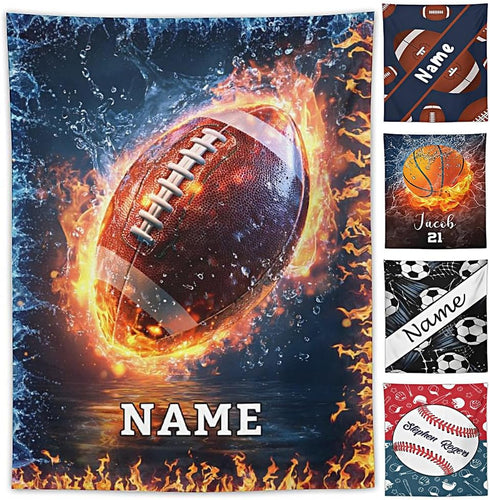 ElYIECD Personalized Blanket for Boys Girls Custom Football Basketball, Soccer,Baseball Blanket with Name,