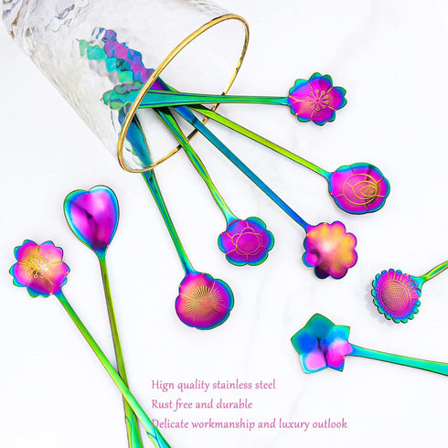 9 PCS Rainbow Flower Spoon Set, LEEFONE 2 Different Size Stainless Steel Reusable Teaspoons for Coffee Sugar Dessert