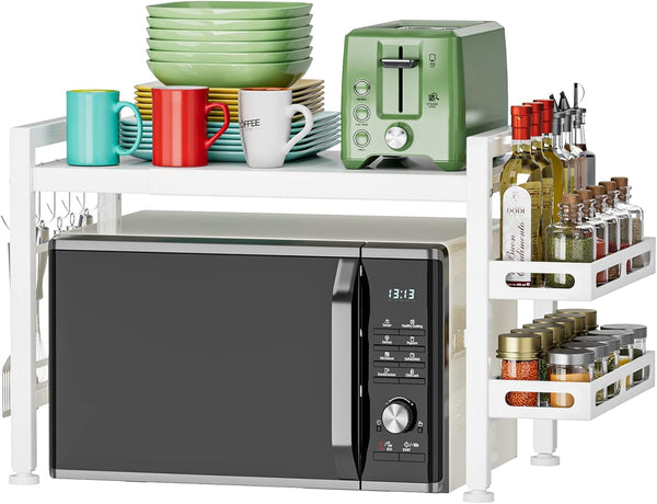 Adjustable Over the Microwave Shelf, 2 Tier Microwave Rack with Spice Organizer and Hooks for Kitchen, White