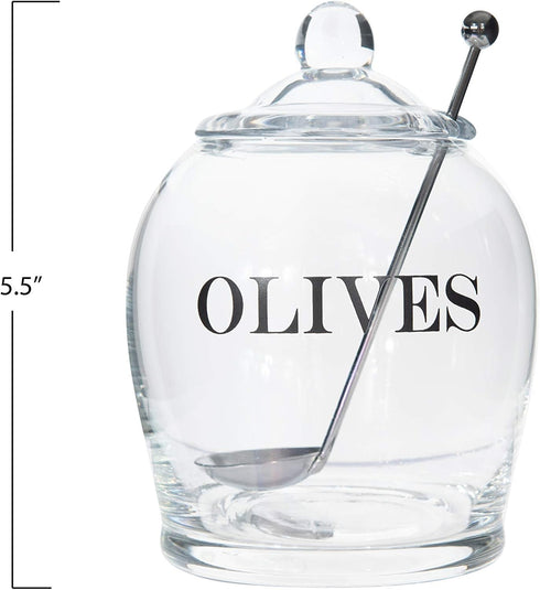 Creative Co-Op Clear Glass "OLIVE" Jar with Lid & Slotted Stainless Steel Spoon – Set of 3 Pieces