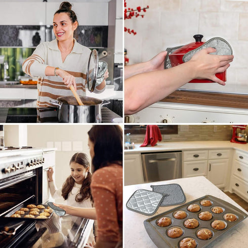 MAQIHAN Cotton Pot Holders for Kitchen, 4pcs Square Hot Pads Set, Gray 7 Inch Terry Cloth