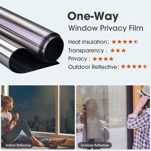Viseeko Window Tint for Home, One Way Reflective Privacy Film, UV Sun Heat Blocking Static Cling, Silver, 17.5 x 78.7 in