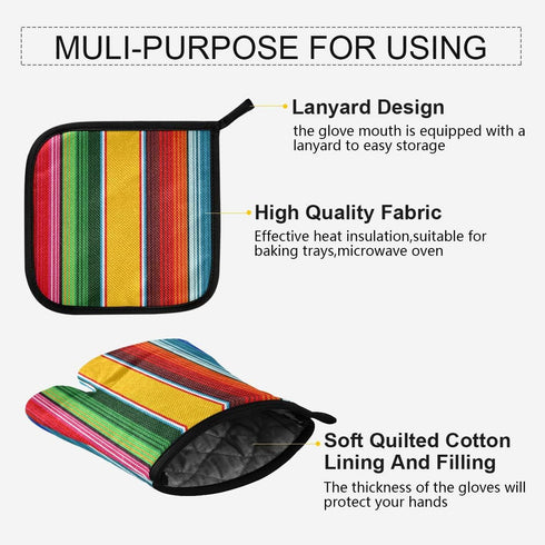 Oven Mitts and Pot Holders, Mexican Traditional Ethnic Striped Heat Resistant Gloves