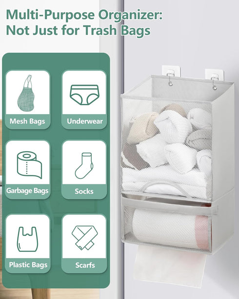 2 1 Bag Saver - Extra Large in Plastic Bag Holder Storage, Durable Mesh Grocery Hanging Trash Dispenser Roll Organizer
