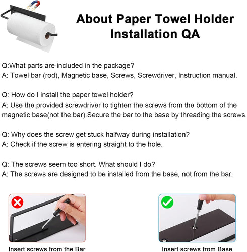Black Paper Towel Holder, Magnetic Paper Towel Holder for Fridge, Toilet Paper Roll Holder Magnet Towel Rack Wall Mount