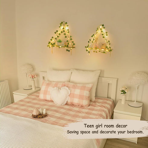 Set 2 Mkono Artificial Ivy Macrame Hanging Shelves with Lights of Boho Wall Decor Display Plants Photos Wood Floating